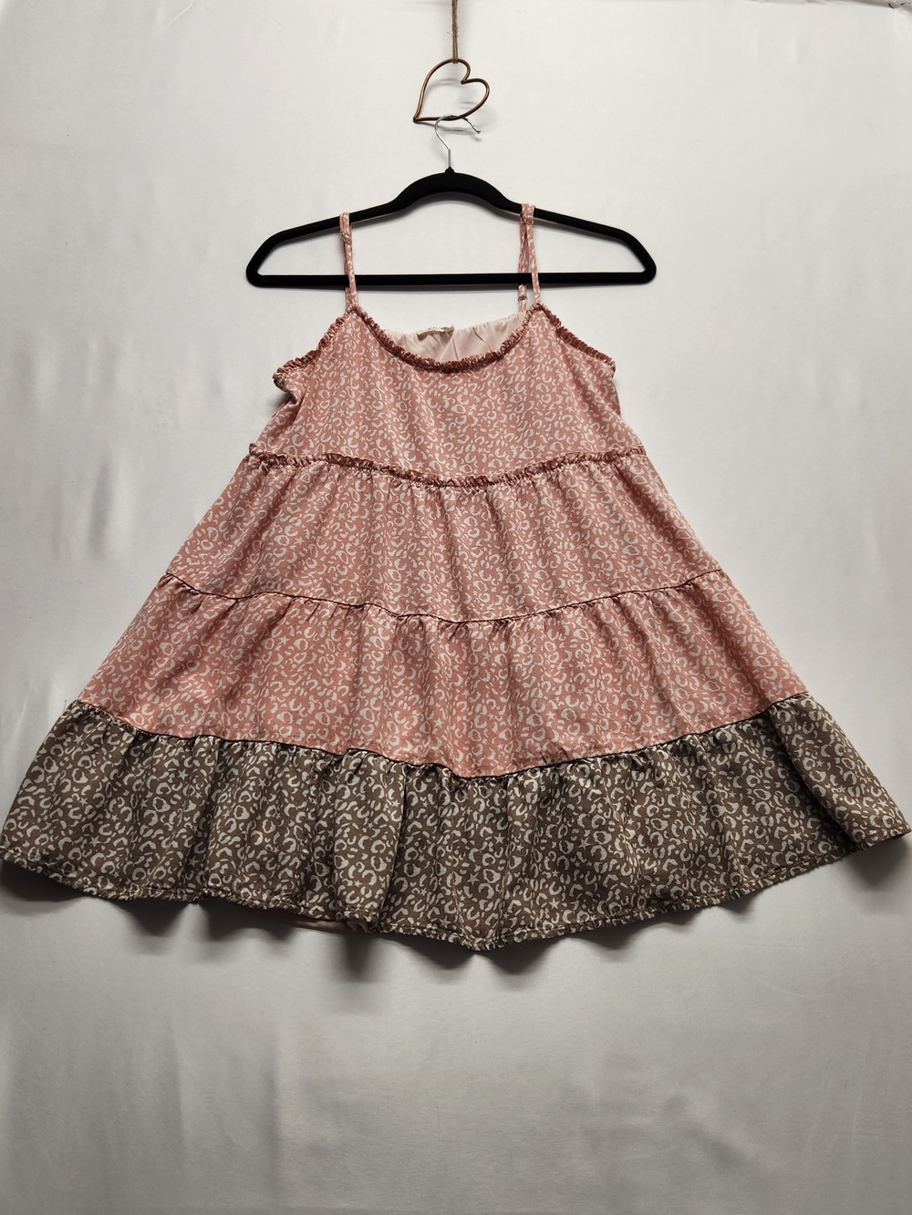 ⭐️Kori Celestial Leopard Print Tiered Mini Babydoll Dress Pink Small Boho